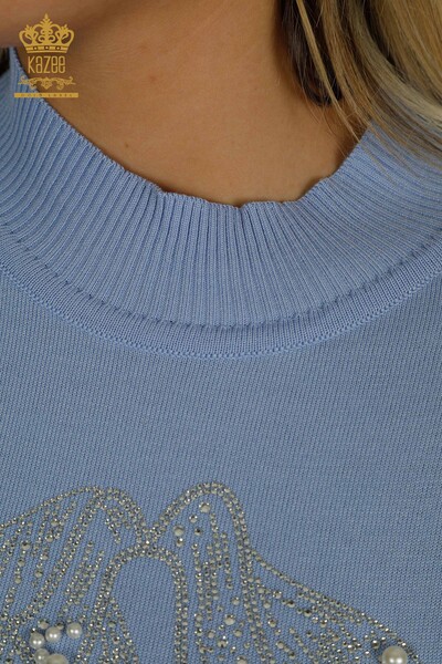 Женский вязаный свитер оптом, синий с вышивкой бисером и камнями - 30672 | КАZEE - Thumbnail