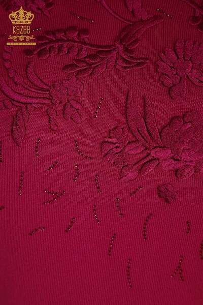 Женский вязаный свитер с цветочной вышивкой цвета фуксии оптом - 16849 | КАZEE - Thumbnail