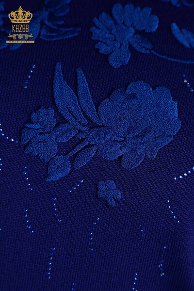 Женский вязаный свитер оптом сакс с цветочной вышивкой - 16849 | КAZEE - Thumbnail