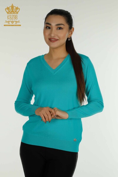 Женский вязаный свитер оптом с длинным рукавом Бирюзовый - 11071 | КAZEE - Thumbnail