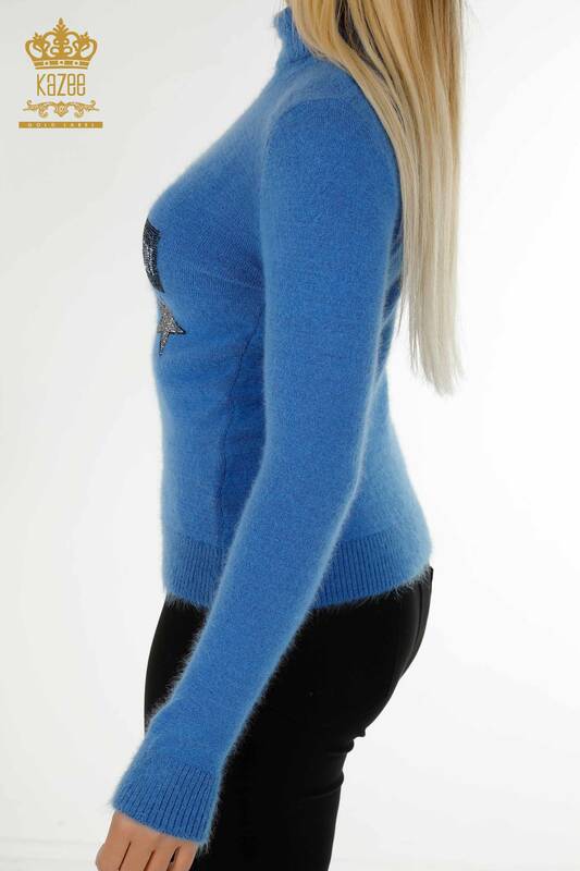 Женский вязаный свитер оптом с вышивкой из ангоры синего цвета - 18894 | КАZEE