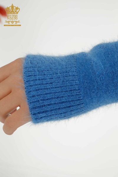 Женский вязаный свитер оптом с вышивкой из ангоры синего цвета - 18894 | КАZEE - Thumbnail