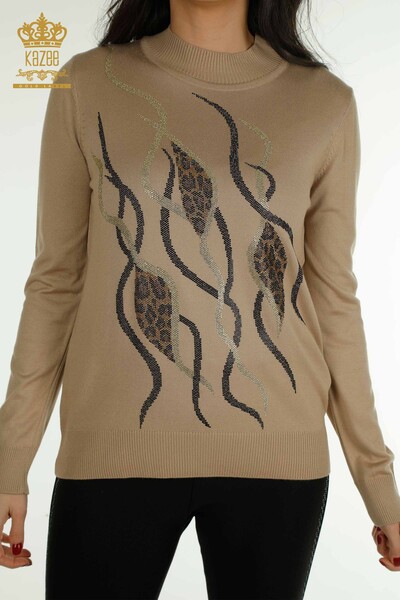 KAZEE - Женский вязаный свитер оптом с каменной вышивкой, бежевый - 30096 | КАZEE (1)