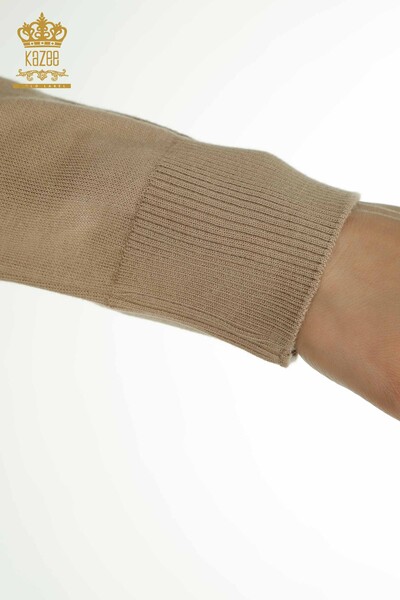 Женский вязаный свитер оптом с каменной вышивкой, бежевый - 30096 | КАZEE - Thumbnail