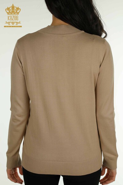 Женский вязаный свитер оптом с каменной вышивкой, бежевый - 30096 | КАZEE - Thumbnail