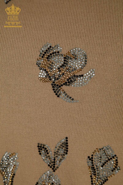 Женский вязаный свитер оптом с каменной вышивкой, бежевый - 30471 | КАZEE - Thumbnail