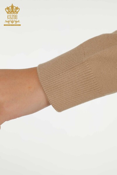Женский вязаный свитер оптом с каменной вышивкой, бежевый - 30594 | КАZEE - Thumbnail
