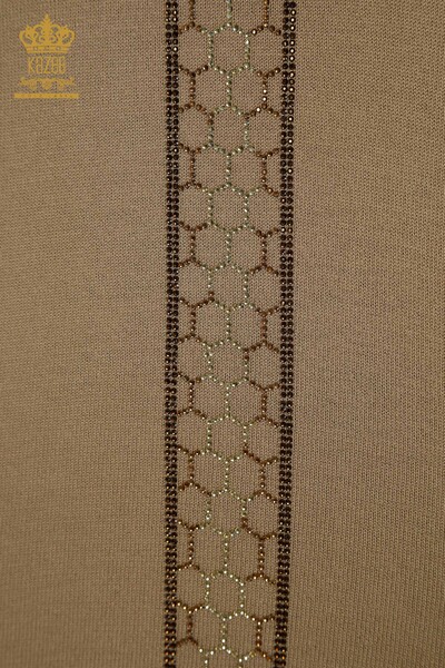Женский вязаный свитер оптом с каменной вышивкой, бежевый - 30601 | КАZEE - Thumbnail