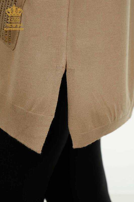 Женский вязаный свитер оптом с каменной вышивкой, бежевый - 30623 | КAZEE
