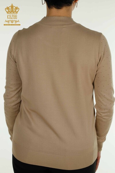 Женский вязаный свитер оптом с каменной вышивкой, бежевый - 30677 | КАZEE - Thumbnail