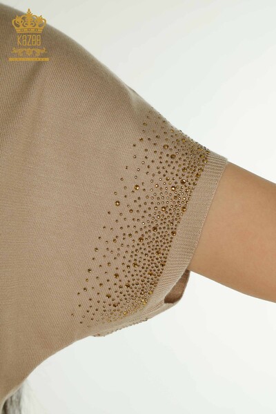 Женский вязаный свитер оптом с каменной вышивкой, бежевый - 30761 | КАZEE - Thumbnail