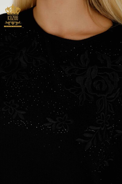Женский вязаный свитер оптом черный с каменной вышивкой - 16799 | КAZEE - Thumbnail (2)