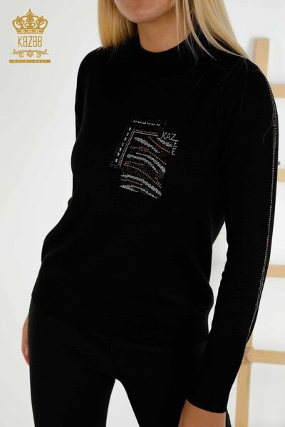 Оптовая продажа женского трикотажного свитера с каменной вышивкой черного цвета - 30391 | КАZEE - Thumbnail