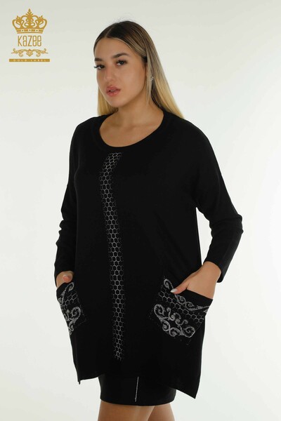 Женский вязаный свитер оптом с вышивкой камнями черный - 30601 | КАZEE - Thumbnail