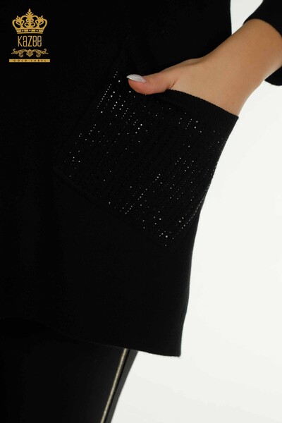 Женский вязаный свитер оптом с вышивкой камнями черный - 30623 | КАZEE - Thumbnail