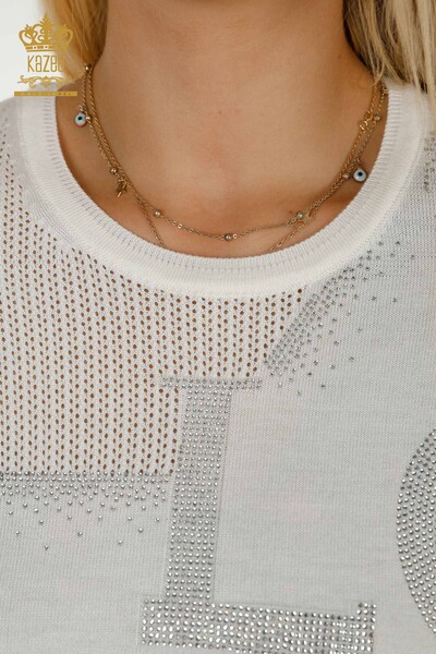 Женский вязаный свитер оптом с вышивкой камнями экрю - 30501 | КАZEE - Thumbnail