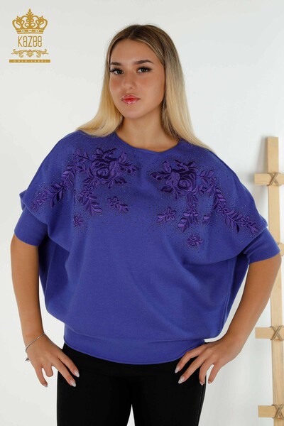Kazee - Женский вязаный свитер оптом с вышивкой фиолетового цвета - 16799 | КАZEE