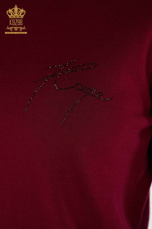 Женский вязаный свитер оптом с каменной вышивкой Сиреневый - 30553 | КАZEE