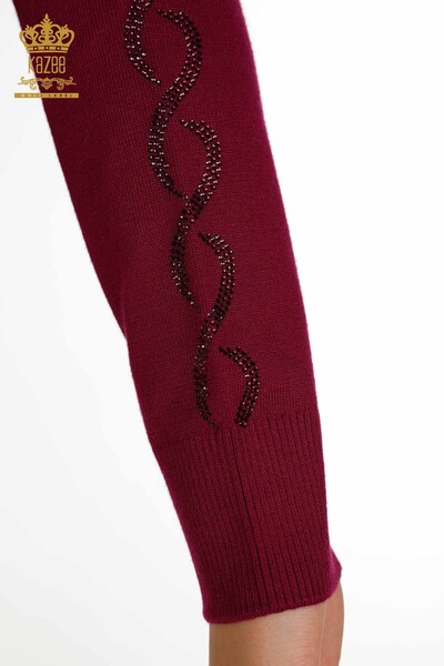 Женский вязаный свитер оптом с каменной вышивкой Сиреневый - 30553 | КАZEE - Thumbnail
