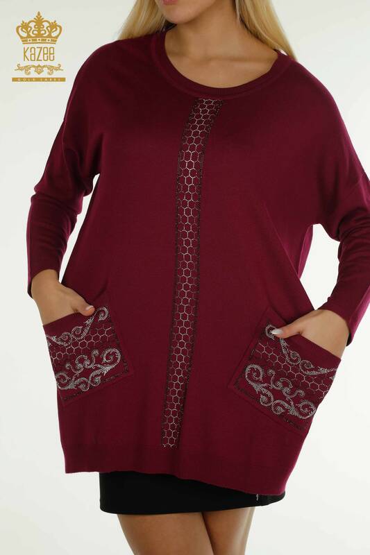 Женский трикотаж оптом, свитер с каменной вышивкой, сиреневый - 30601 | Кazee