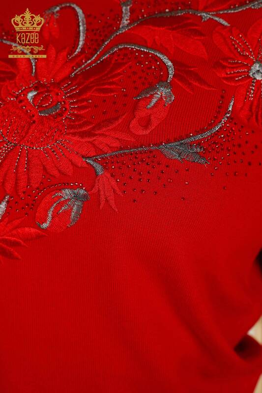 Оптовая продажа женского трикотажного свитера с каменной вышивкой красного цвета - 30146 | КАZEE