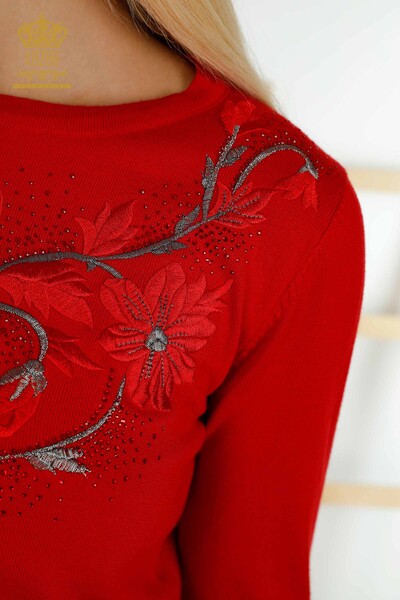 Оптовая продажа женского трикотажного свитера с каменной вышивкой красного цвета - 30146 | КАZEE - Thumbnail