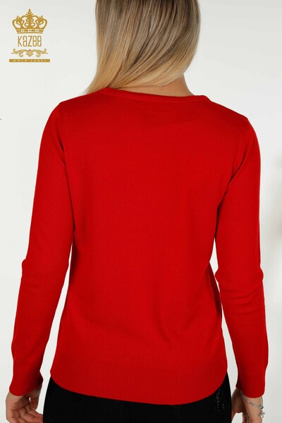 Оптовая продажа женского трикотажного свитера с каменной вышивкой красного цвета - 30146 | КАZEE - Thumbnail