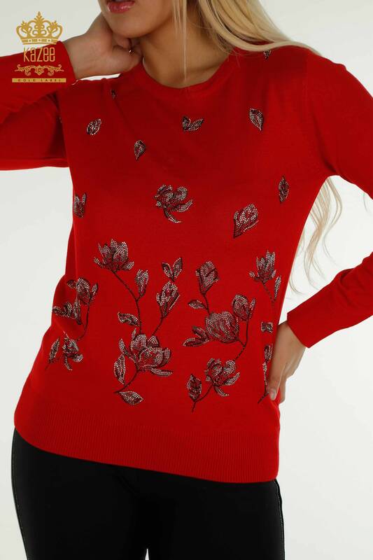 Женский вязаный свитер оптом красный с каменной вышивкой - 30471 | КАZEE