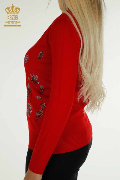 Женский вязаный свитер оптом красный с каменной вышивкой - 30471 | КАZEE - Thumbnail
