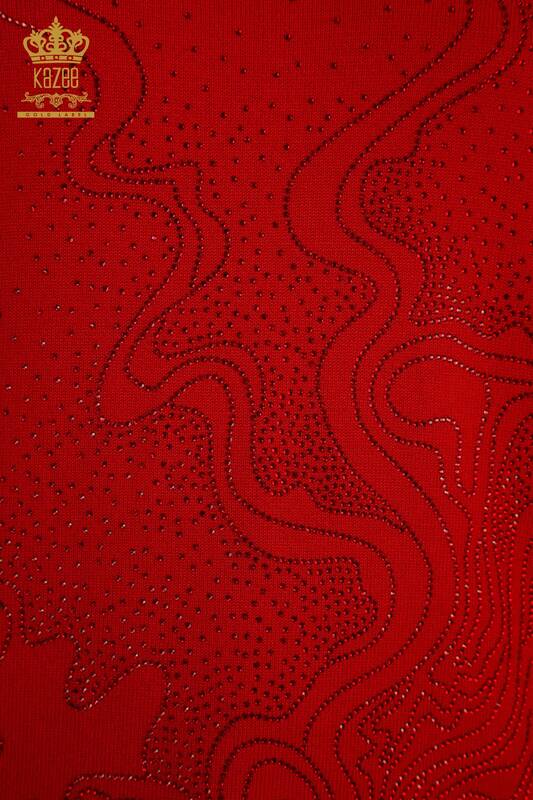 Оптовая продажа женского трикотажного свитера с каменной вышивкой красного цвета - 30659 | КАZEE