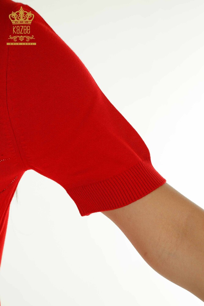 Оптовая продажа женского трикотажного свитера с каменной вышивкой красного цвета - 30659 | КАZEE - 5