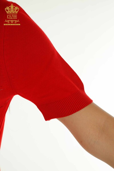 Оптовая продажа женского трикотажного свитера с каменной вышивкой красного цвета - 30659 | КАZEE - 5