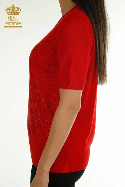 Оптовая продажа женского трикотажного свитера с каменной вышивкой красного цвета - 30659 | КАZEE - Thumbnail