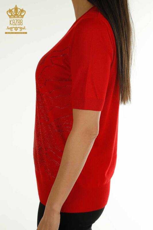 Оптовая продажа женского трикотажного свитера с каменной вышивкой красного цвета - 30659 | КАZEE