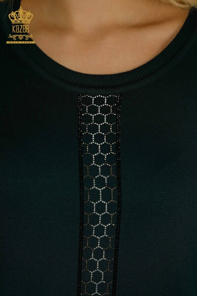 Женский вязаный свитер оптом с каменной вышивкой Нефти - 30601 | КАZEE - Thumbnail
