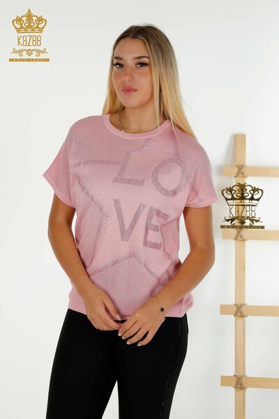 Женский вязаный свитер оптом с каменной вышивкой розовый - 30501 | КАZEE - Thumbnail