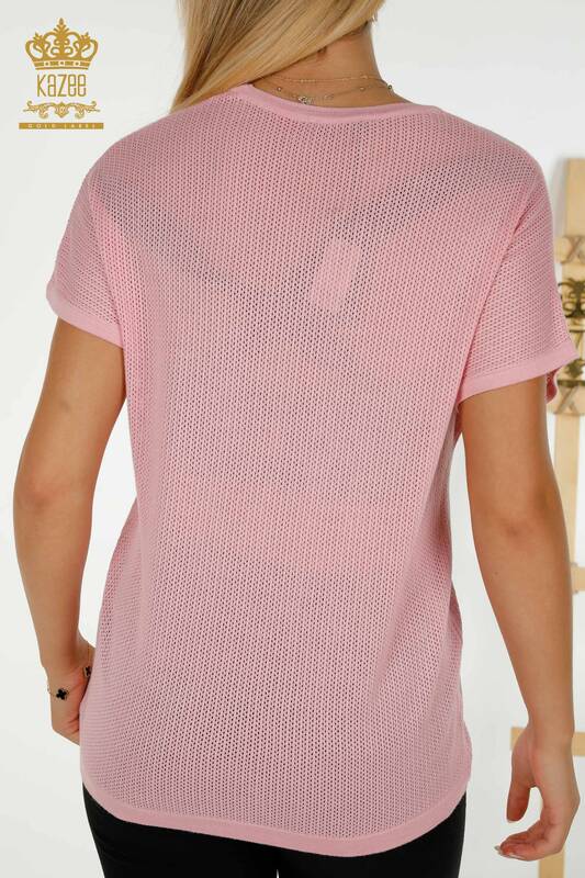 Женский вязаный свитер оптом с каменной вышивкой розовый - 30501 | КАZEE