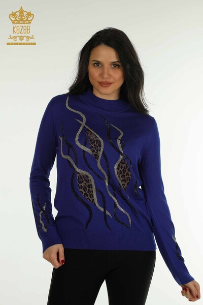 KAZEE - Женский трикотажный свитер оптом Сакс с вышивкой камнями - 30096 | КАZEE