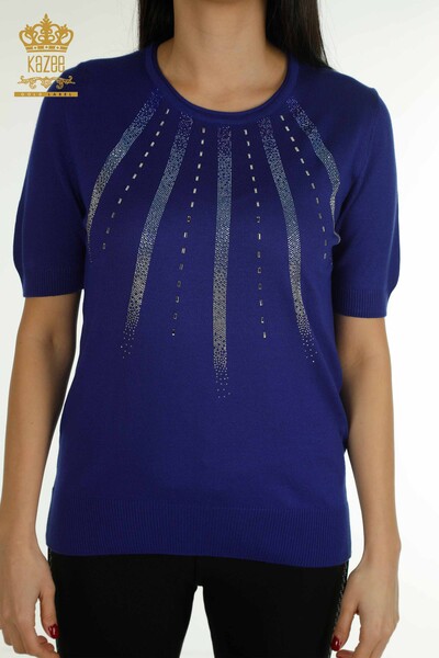 KAZEE - Женский вязаный свитер оптом Сакс с вышивкой камнями - 30460 | КАZEE (1)