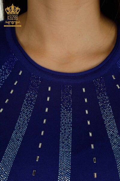 Женский вязаный свитер оптом Сакс с вышивкой камнями - 30460 | КАZEE - Thumbnail