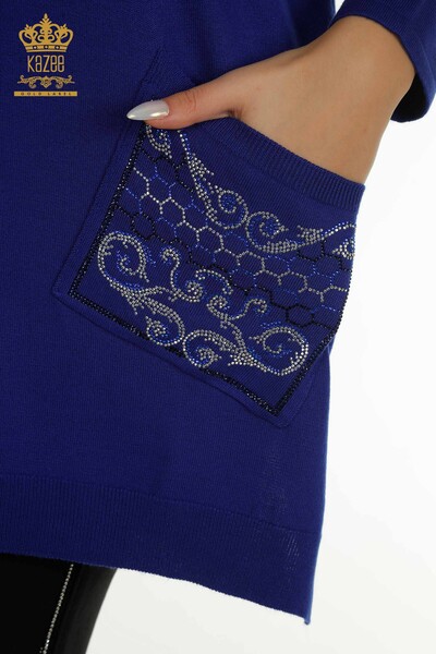 Женский вязаный свитер оптом Сакс с вышивкой камнями - 30601 | КАZEE - Thumbnail
