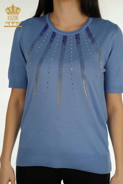 KAZEE - Женский вязаный свитер оптом с синей вышивкой камнями - 30460 | КАZEE (1)