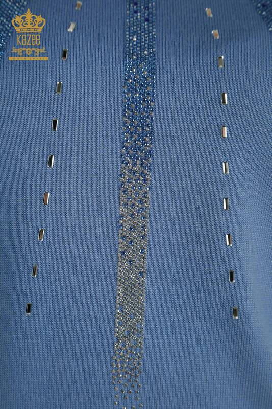 Женский вязаный свитер оптом с синей вышивкой камнями - 30460 | КАZEE