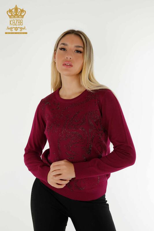 Женский вязаный свитер оптом с каменной вышивкой Сиреневый - 30594 | КАZEE