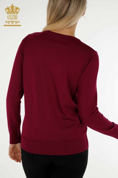Женский вязаный свитер оптом с каменной вышивкой Сиреневый - 30594 | КАZEE - Thumbnail
