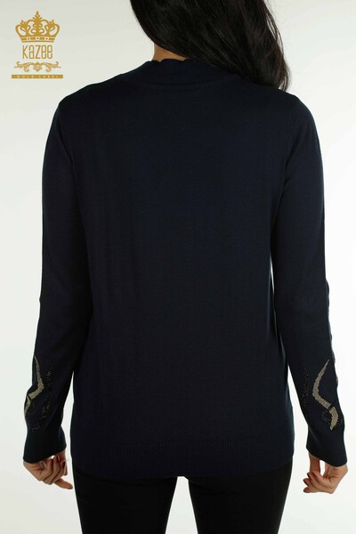 Оптовая продажа женского трикотажного свитера с вышивкой камнями темно-синего цвета - 30096 | КАZEE - Thumbnail