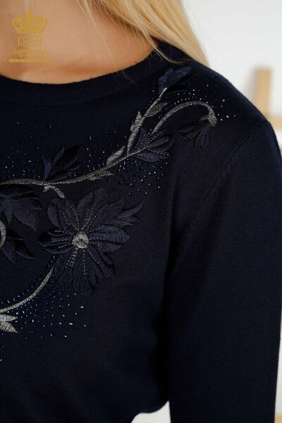 Женский вязаный свитер оптом с вышивкой камнями темно-синий - 30146 | КАZEE - Thumbnail
