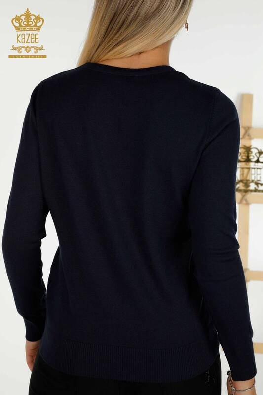 Женский вязаный свитер оптом с вышивкой камнями темно-синий - 30146 | КАZEE