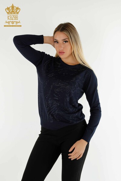 Женский вязаный свитер оптом с вышивкой камнями темно-синий - 30594 | КАZEE - Thumbnail