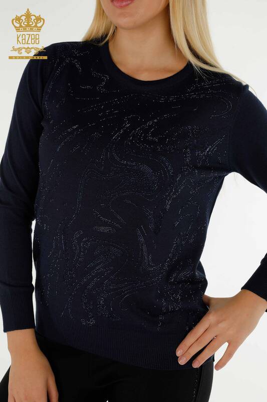 Женский вязаный свитер оптом с вышивкой камнями темно-синий - 30594 | КАZEE